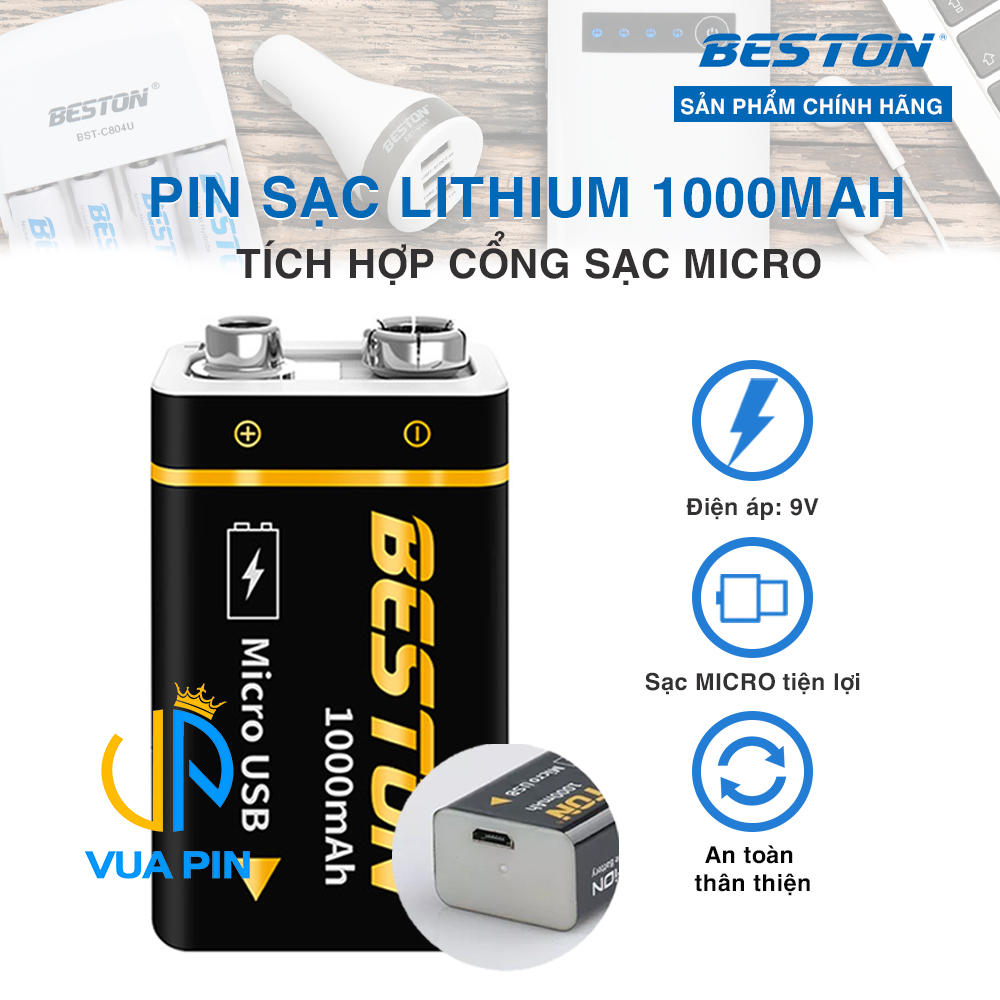 Pin sạc 9V chính hãng BESTON 1000mAh, sạc trực tiếp qua cổng MicroUSB – Pin vuông BESTON