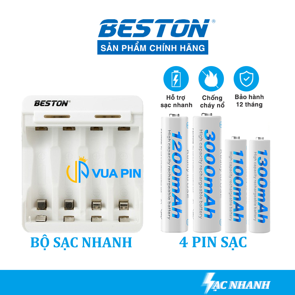 Bộ sạc nhanh kèm 4 pin sạc chính hãng BESTON AA 3000 mAh / AA 1200 mAh / AAA 1300 mAh / AAA 1100 mAh