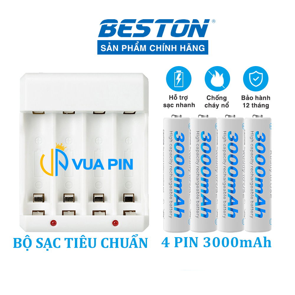 Bộ sạc tiêu chuẩn pin sạc AA/AAA BESTON kèm 4 pin sạc AA 3000 mAh / AA 1200 mAh / AAA 1300 mAh / AAA 1100 mAh